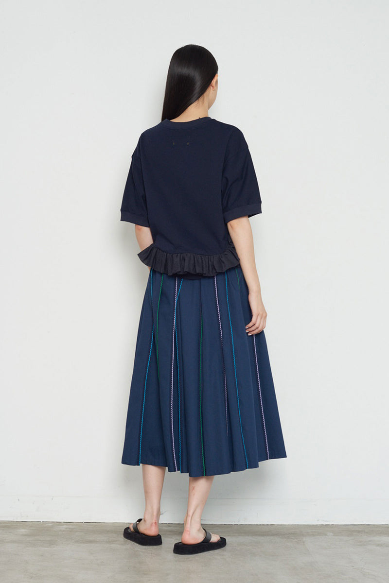 Cotton-Blended Pleated Midi Skirt