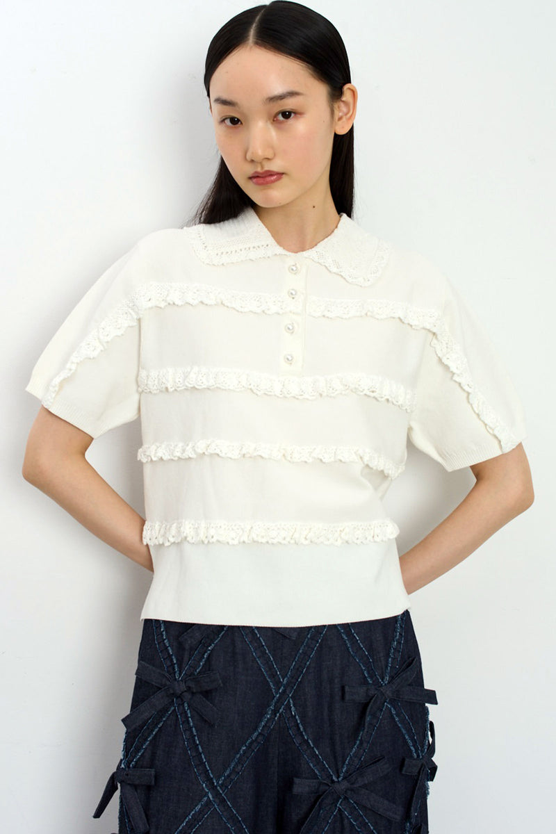 Lace Cotton Polo Knit Top