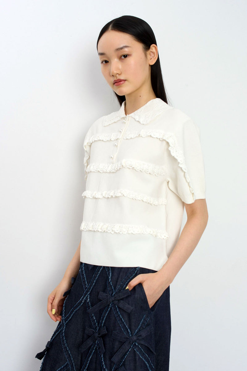 Lace Cotton Polo Knit Top