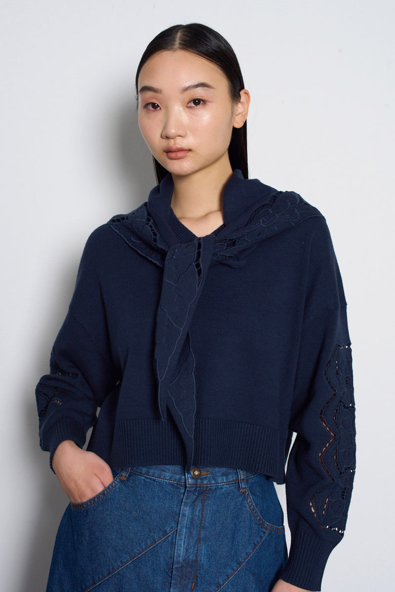 Embroidery Cotton Pullover with Scarf