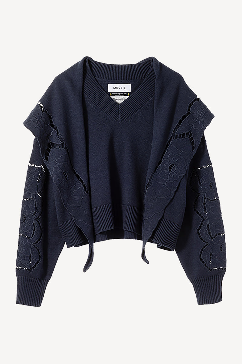 Embroidery Cotton Pullover with Scarf
