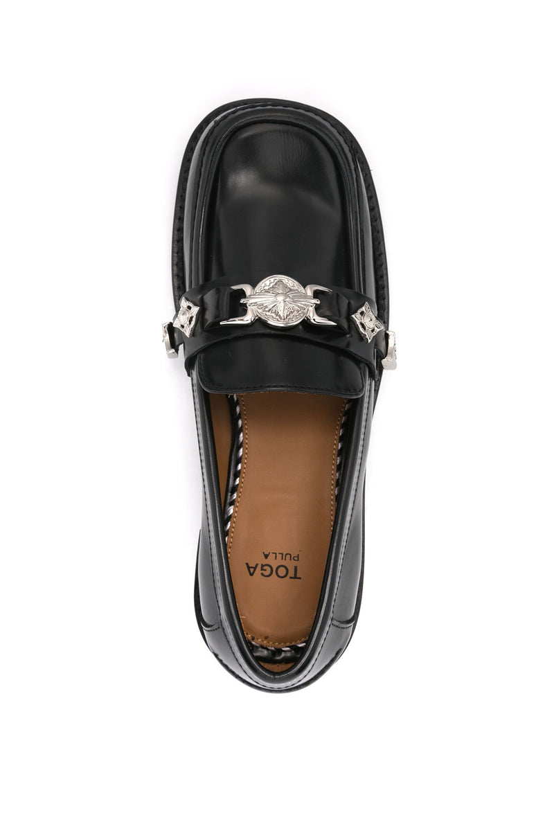 Metal Leather Moc Toe Loafers