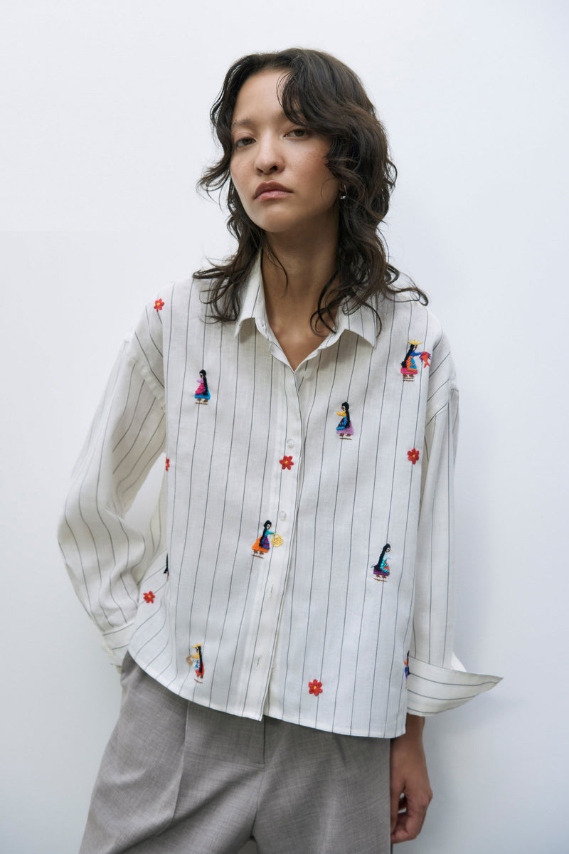 Mujeres Linen-Blended Embroidered Shirt