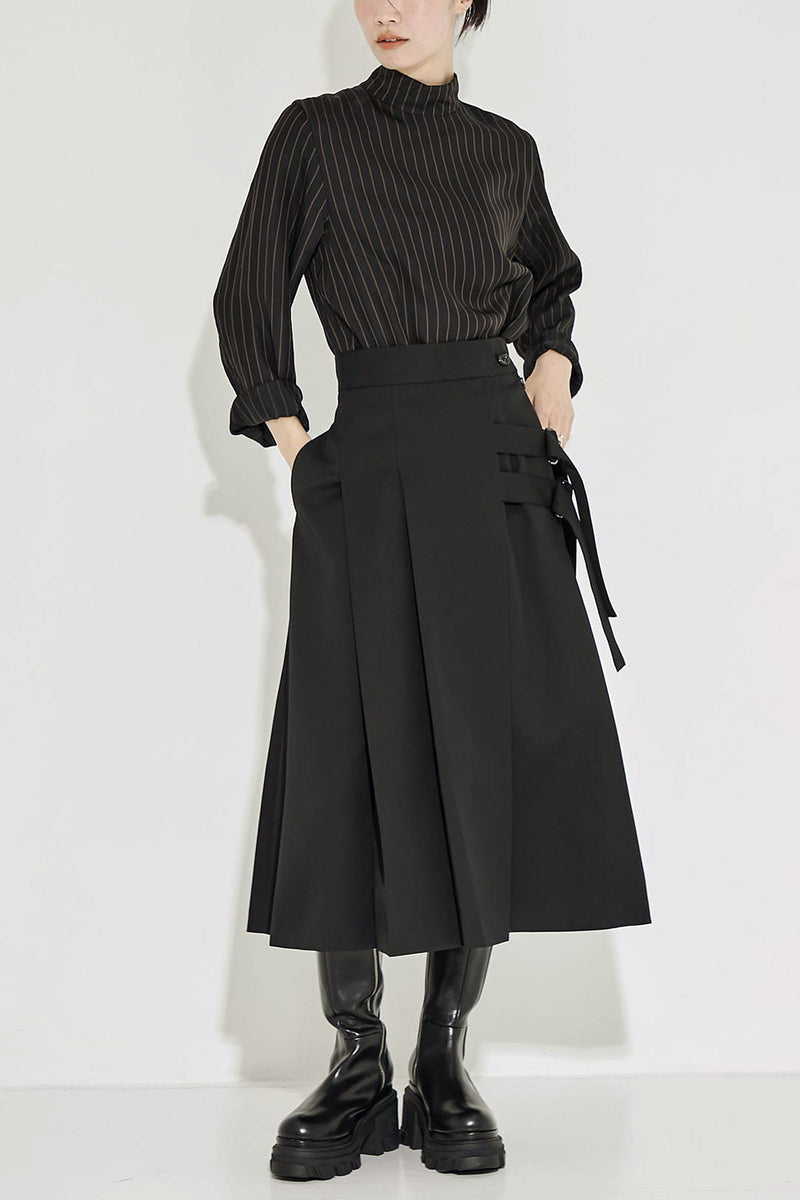 Double Belt Pleats Wool Skirt