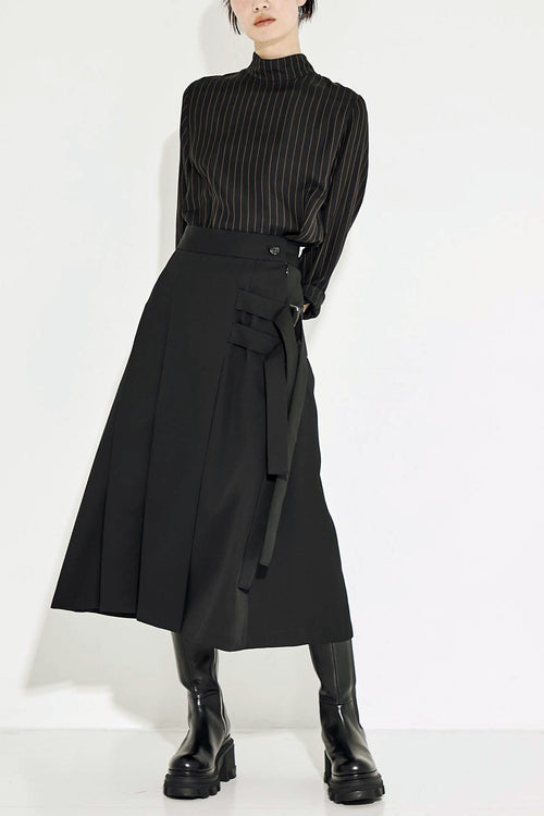 Double Belt Pleats Wool Skirt
