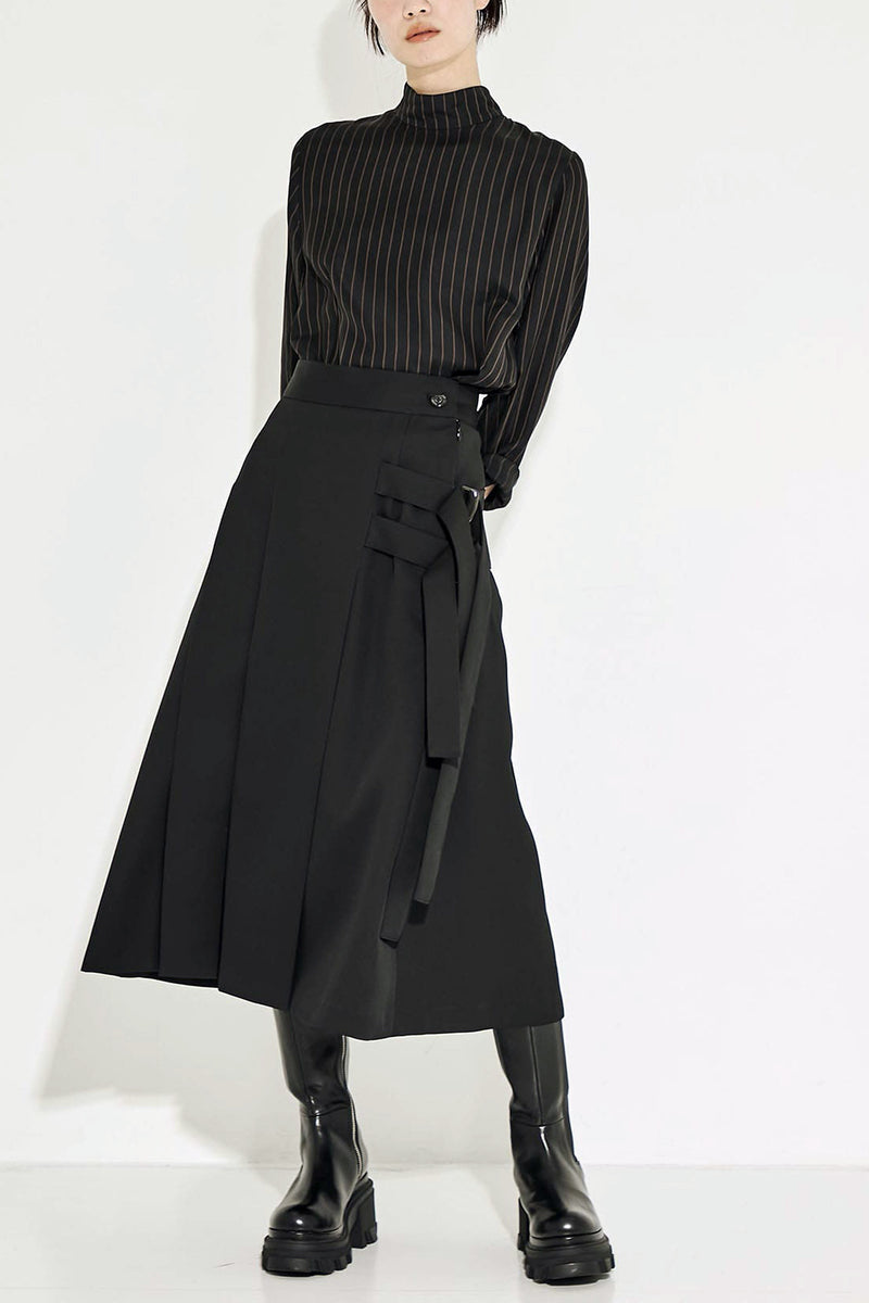 Double Belt Pleats Wool Skirt