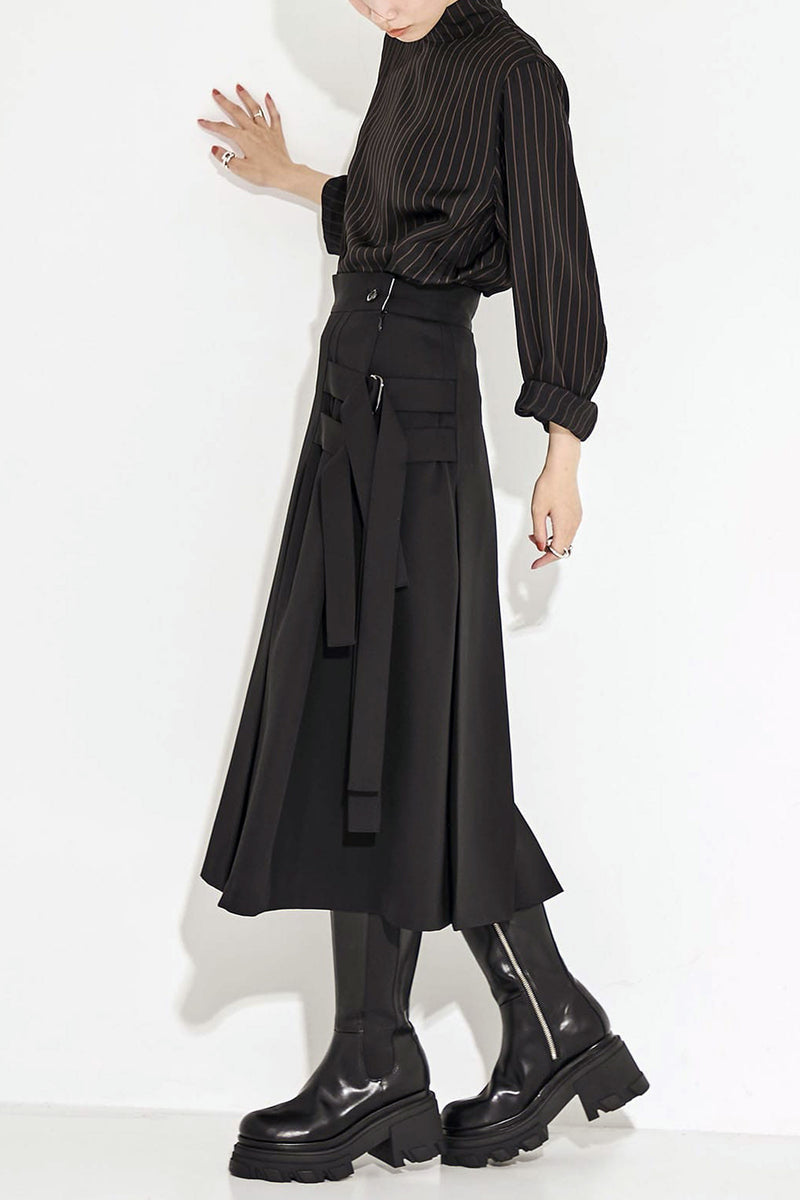 Double Belt Pleats Wool Skirt